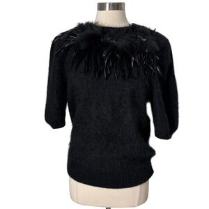 Venesha Vintage Black Angora Blend Feather Trim Short Sleeve Sweater Small